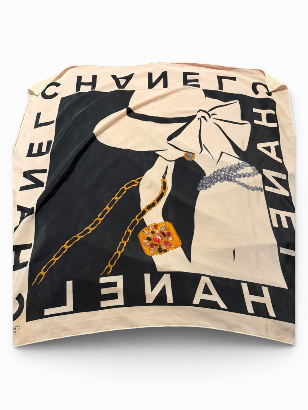 CHANEL Black and Cream Graphic Silk Scarf with Gold Chain Motif